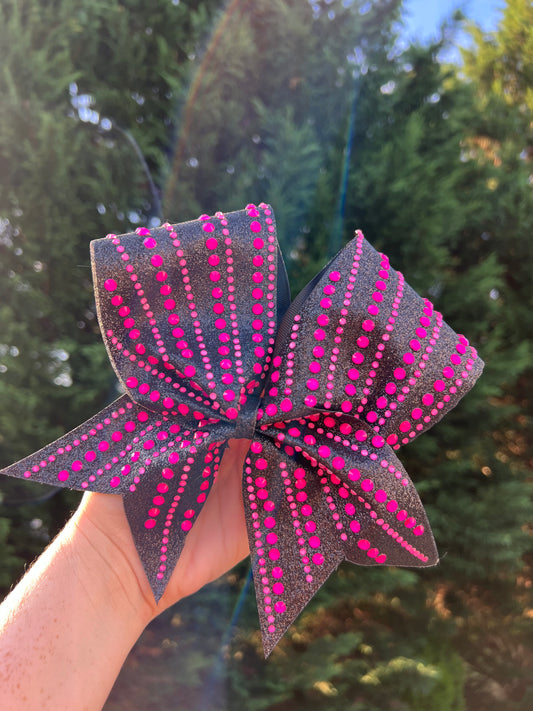 Black Glitter and Lime Neon Pink Rhinestone Cheer Bow