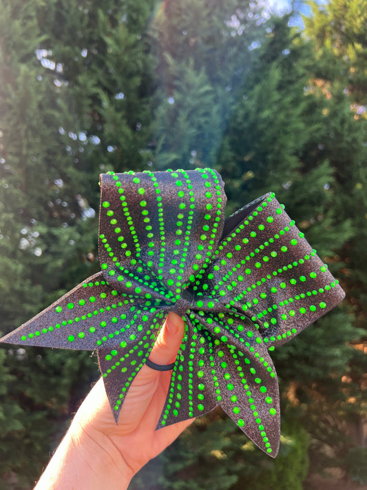 Black Glitter and Lime Green Rhinestone Cheer Bow